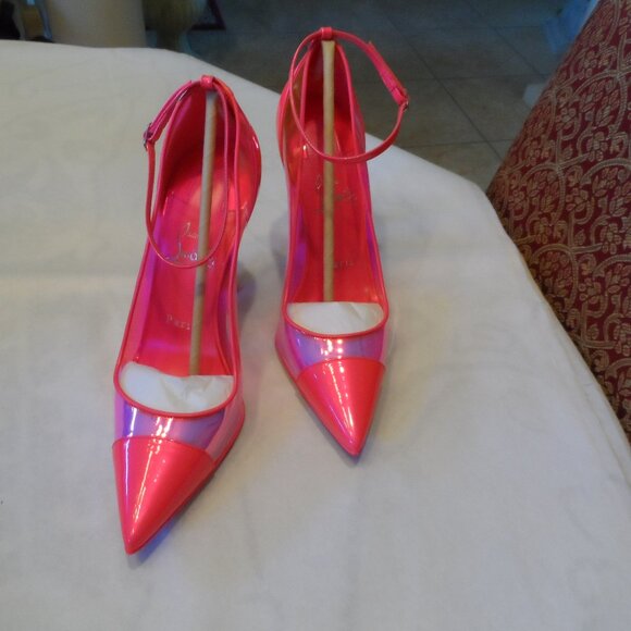 New Christian Louboutin Neon Pink PVC Studded Heel Mary Jane Pumps – IT 38.5B - Picture 1 of 16